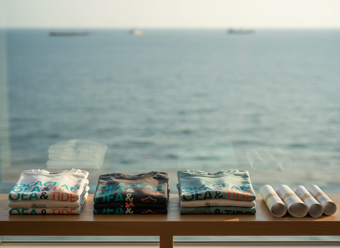 An atmospheric scene of folded graphic T-shirts and posters arranged near a large window overlooking a distant, softly blurred seascape. The T-shirts, in shades of white, charcoal, and muted teal, display minimalist wave and typographic designs in vibrant cyan and coral. Rolled posters are secured with branded paper bands, lined up parallel on a pale oak bench. Soft, late-afternoon natural light pours in, creating long, gentle shadows and a warm glow on the fabrics and paper. Shot at a slightly elevated angle with shallow depth of field, the interior details are sharp while the ocean view melts into a dreamy bokeh, evoking calm, inspiration, and the power of the sea in a refined photographic style.