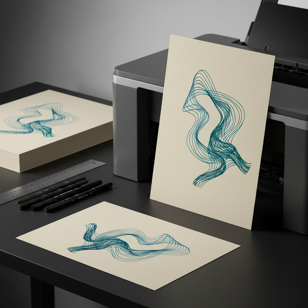 A close-up, eye-level shot of a high-quality art print emerging from a professional inkjet printer, the paper displaying a minimalist abstract wave in deep teal and electric blue on a warm off-white background. The printer sits on a matte black desk with perfectly organized tools: a metal ruler, fine liners, and a neatly stacked pile of printed posters. Cool, even studio lighting from above and slightly behind adds a subtle sheen to the ink and crisp edges to the paper, casting soft, controlled shadows. The mood is precise and technical yet artistic, in clean photographic realism, emphasizing the craft and reliability of print-on-demand production.