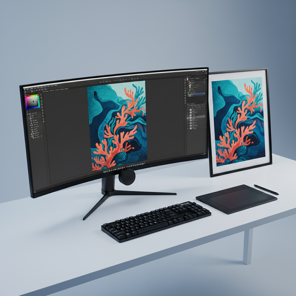 A clean, modern desktop scene featuring a large ultrawide monitor showing a graphic design interface with an abstract ocean-inspired poster in progress, all in teal, cobalt, and vibrant coral. Next to the monitor sits a framed final print of the same artwork and a color-calibration tool resting on the screen’s lower edge. The desk is matte white with a subtle texture, and a minimal black mechanical keyboard and pen tablet are aligned precisely. Cool, balanced studio lighting from both sides eliminates harsh shadows, giving even illumination and crisp detail. Shot from a slightly elevated, three-quarter angle, the mood is disciplined yet creative, capturing the transition from digital concept to printed reality in sophisticated photographic realism.