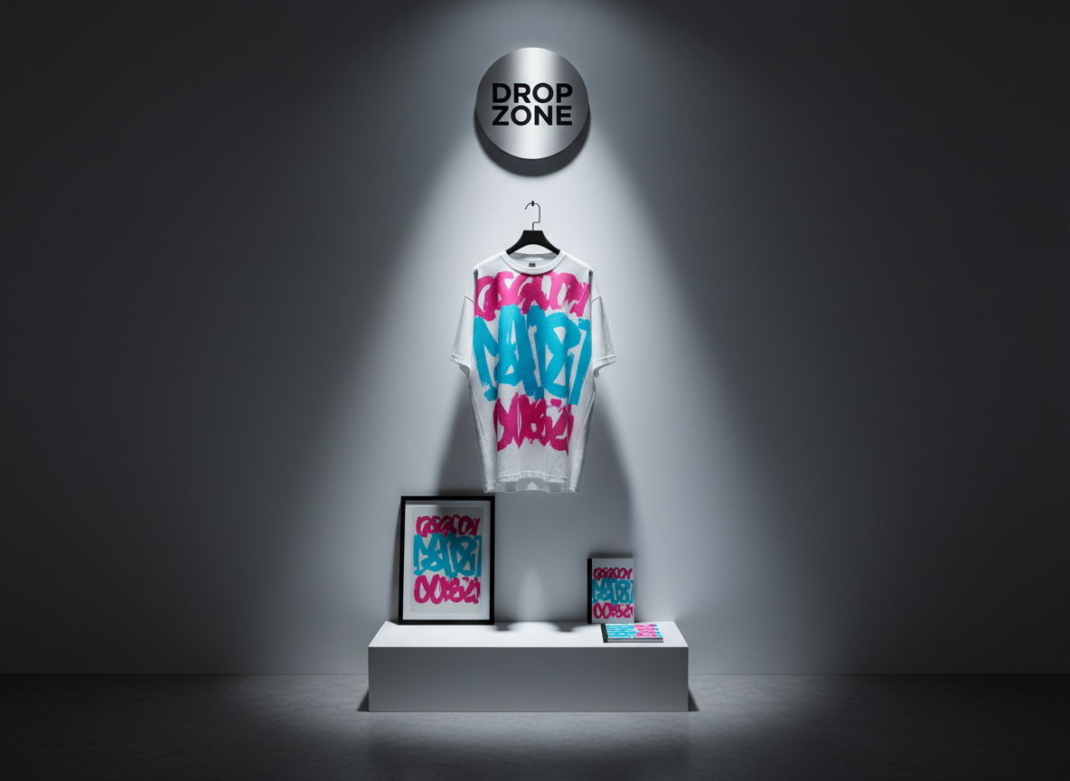 A highly stylized mockup corner of a studio labeled "Drop Zone" with a single spotlight display for a new collection: a suspended, matte black hanger holding a white oversized T-shirt with a bold cyan and magenta abstract print, centered against a seamless light gray wall. Below, a minimalist plinth supports a matching art print and a sleek black notebook with coordinated cover design. A narrow beam of cool, focused light from above isolates the products, leaving the surroundings in soft shadow. The composition is strictly symmetrical, with clean negative space. Photographic realism with a fashion-show presentation mood, emphasizing exclusivity, freshness, and modern sophistication for limited drops.