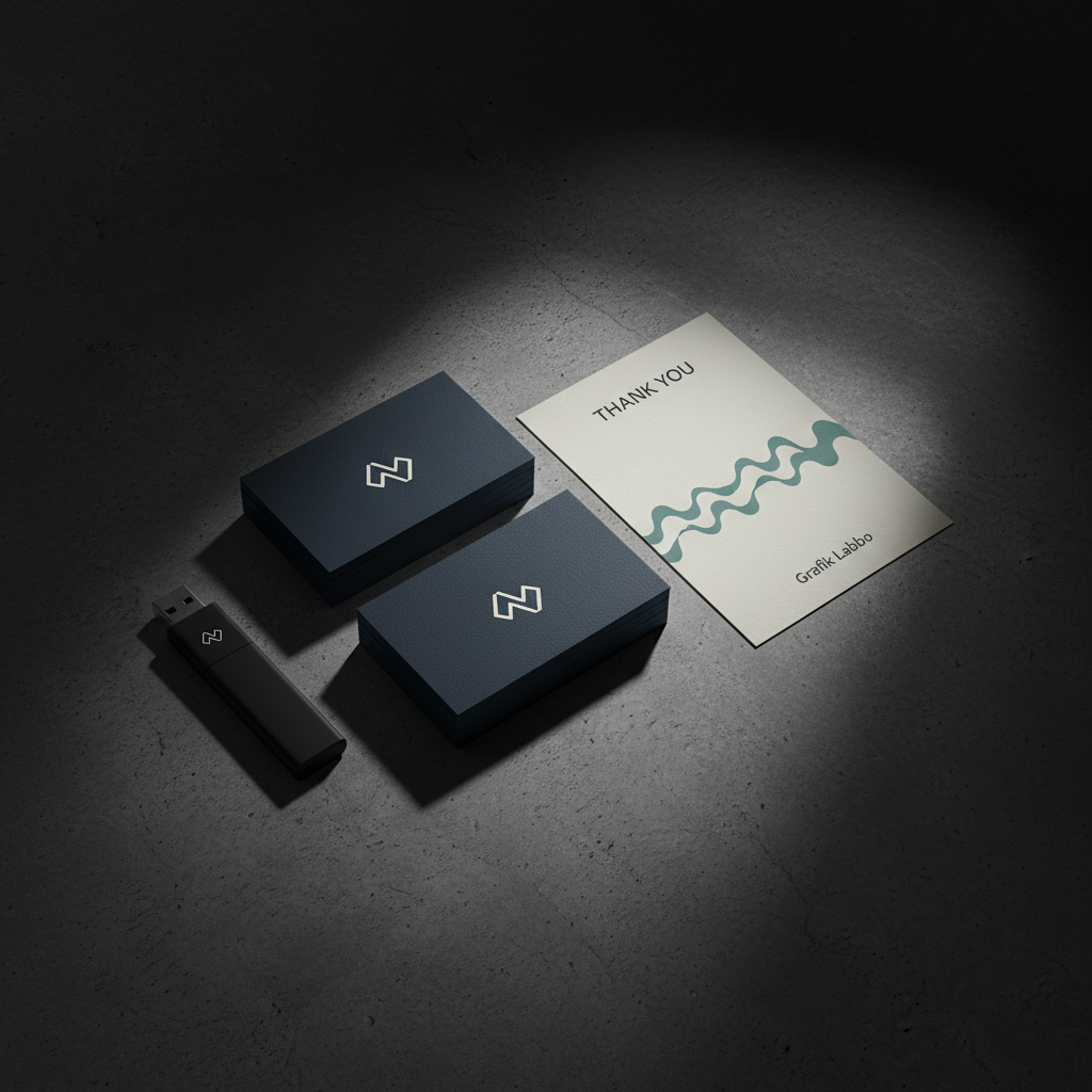 A dark, moody flat-lay of branding elements for Grafik Labbo: a stack of thick, textured business cards with embossed minimalist logo in white on deep navy, a sleek black USB drive with tiny sea-inspired icon, and a folded A5 thank-you card printed with crisp modern typography and a subtle wave pattern in teal. Everything rests on a charcoal concrete surface with a faint, organic texture. A single directional spotlight from the upper right creates dramatic side lighting, with sharp, expressive shadows and bright rim highlights, giving a cinematic, sophisticated atmosphere. Photographic realism with high contrast, emphasizing precision, luxury, and bold design.
