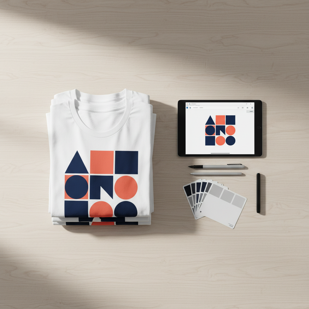 A flat-lay composition of a meticulously arranged minimalist print-on-demand workspace, featuring a stack of pristine white T-shirts with bold, geometric navy and coral graphics, a sleek black tablet displaying a vector design, and neatly aligned color swatch cards. Everything rests on a smooth light-ash wooden surface. Soft, diffused daylight from an unseen large window on the left creates gentle highlights and crisp but subtle shadows, emphasizing clean lines and textures. The mood is sophisticated and focused, with a photographic realism and modern aesthetic. Shot from a true bird’s-eye view with sharp focus throughout, the background kept uncluttered to enhance the sense of precision and creative control.
