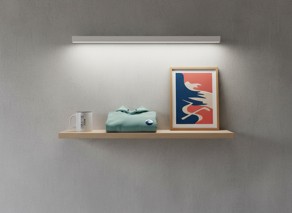 A narrow product display shelf against a smooth, light concrete wall, showcasing a carefully curated row of print-on-demand items: a matte white ceramic mug with a minimalist typographic design, a folded seafoam green hoodie with a small chest emblem, and a framed A4 poster featuring a bold, abstract coastal graphic in cobalt and coral. A single slim LED light strip above the shelf casts a soft, cool glow, creating elegant highlights and gentle shadows on the objects and wall. The composition follows the rule of thirds, with generous negative space, evoking a refined, gallery-like atmosphere in clean, modern photographic style.