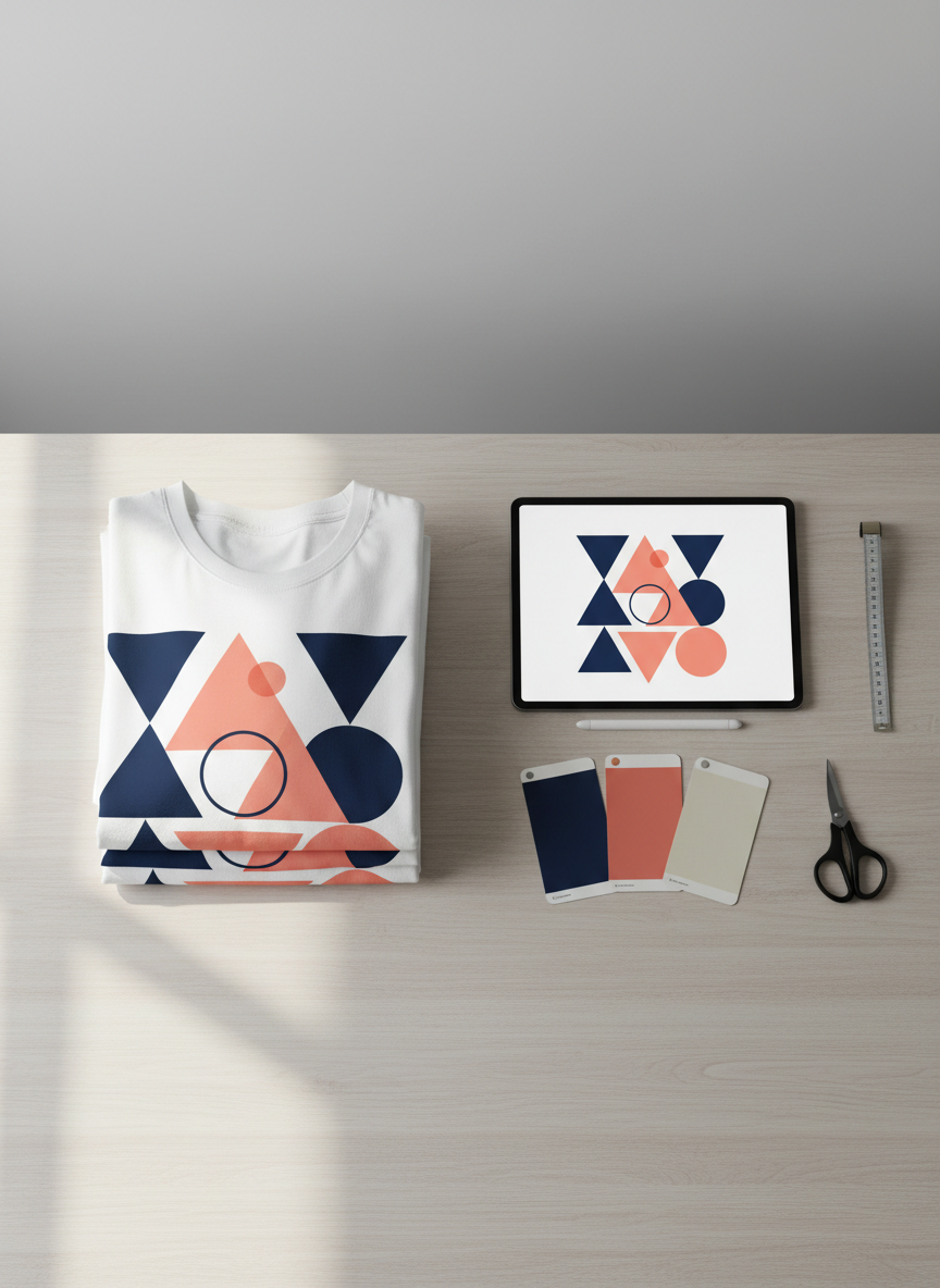 A flat-lay composition of a meticulously arranged minimalist print-on-demand workspace, featuring a stack of pristine white T-shirts with bold, geometric navy and coral graphics, a sleek black tablet displaying a vector design, and neatly aligned color swatch cards. Everything rests on a smooth light-ash wooden surface. Soft, diffused daylight from an unseen large window on the left creates gentle highlights and crisp but subtle shadows, emphasizing clean lines and textures. The mood is sophisticated and focused, with a photographic realism and modern aesthetic. Shot from a true bird’s-eye view with sharp focus throughout, the background kept uncluttered to enhance the sense of precision and creative control.