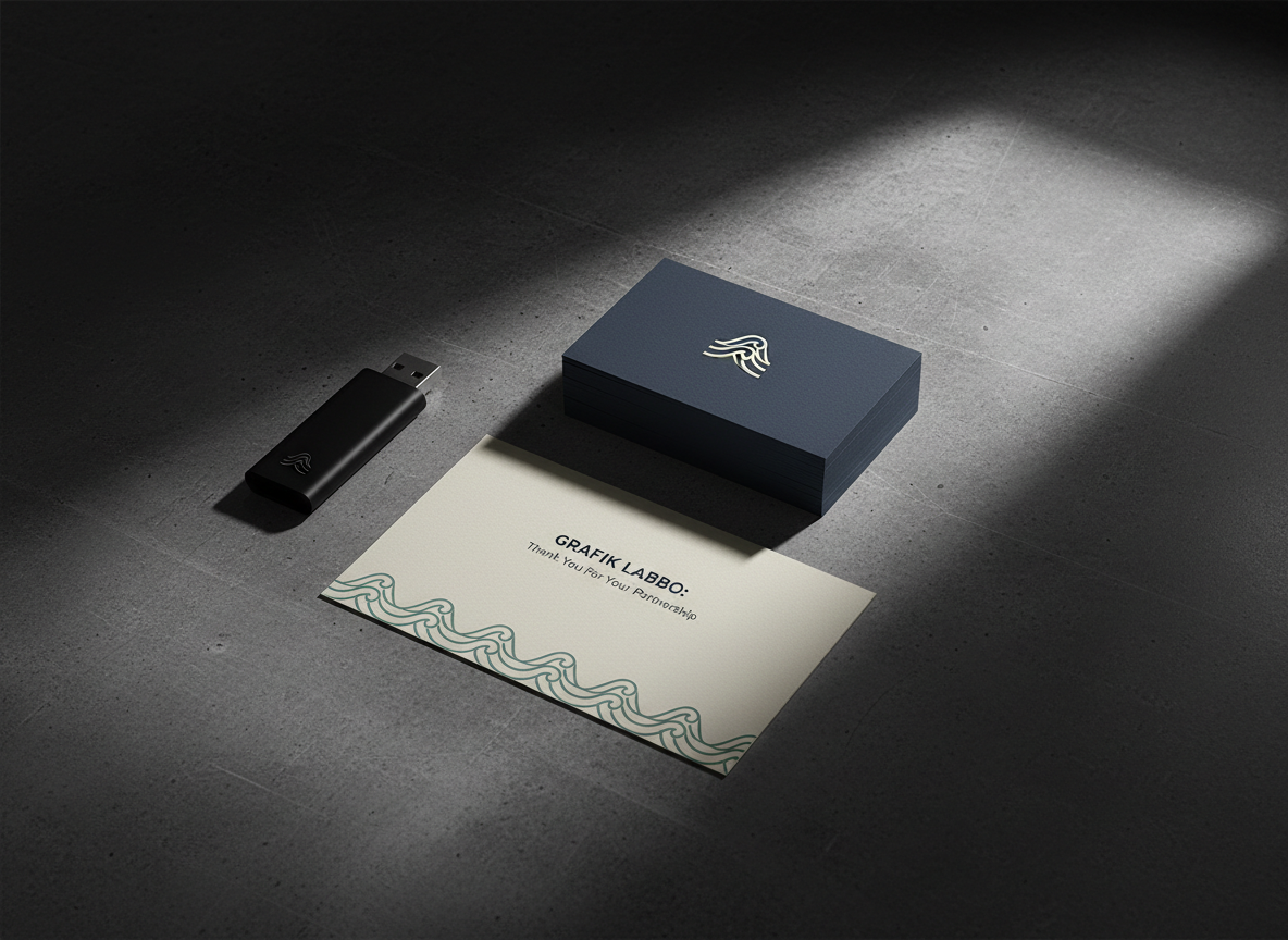 A dark, moody flat-lay of branding elements for Grafik Labbo: a stack of thick, textured business cards with embossed minimalist logo in white on deep navy, a sleek black USB drive with tiny sea-inspired icon, and a folded A5 thank-you card printed with crisp modern typography and a subtle wave pattern in teal. Everything rests on a charcoal concrete surface with a faint, organic texture. A single directional spotlight from the upper right creates dramatic side lighting, with sharp, expressive shadows and bright rim highlights, giving a cinematic, sophisticated atmosphere. Photographic realism with high contrast, emphasizing precision, luxury, and bold design.