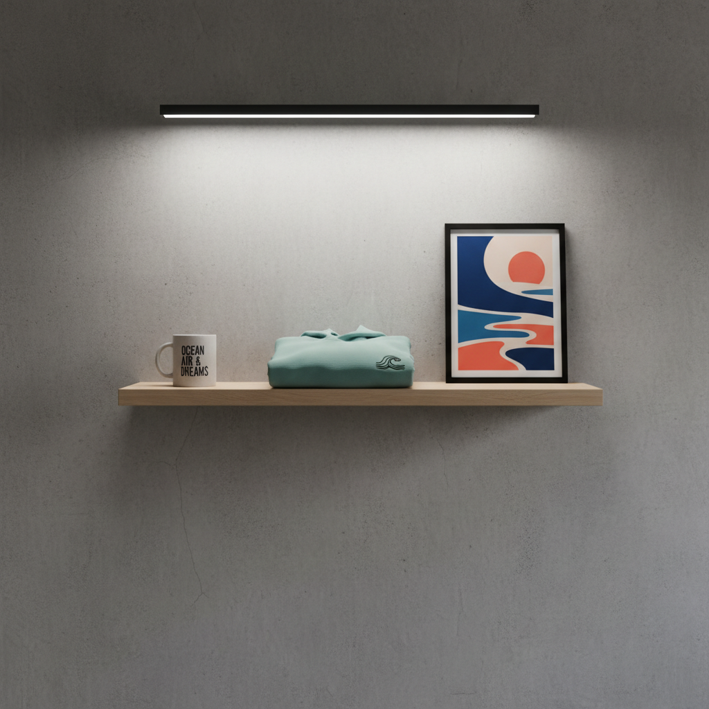 A narrow product display shelf against a smooth, light concrete wall, showcasing a carefully curated row of print-on-demand items: a matte white ceramic mug with a minimalist typographic design, a folded seafoam green hoodie with a small chest emblem, and a framed A4 poster featuring a bold, abstract coastal graphic in cobalt and coral. A single slim LED light strip above the shelf casts a soft, cool glow, creating elegant highlights and gentle shadows on the objects and wall. The composition follows the rule of thirds, with generous negative space, evoking a refined, gallery-like atmosphere in clean, modern photographic style.