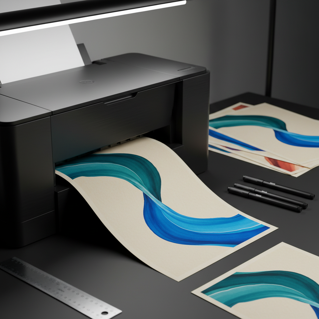 A close-up, eye-level shot of a high-quality art print emerging from a professional inkjet printer, the paper displaying a minimalist abstract wave in deep teal and electric blue on a warm off-white background. The printer sits on a matte black desk with perfectly organized tools: a metal ruler, fine liners, and a neatly stacked pile of printed posters. Cool, even studio lighting from above and slightly behind adds a subtle sheen to the ink and crisp edges to the paper, casting soft, controlled shadows. The mood is precise and technical yet artistic, in clean photographic realism, emphasizing the craft and reliability of print-on-demand production.